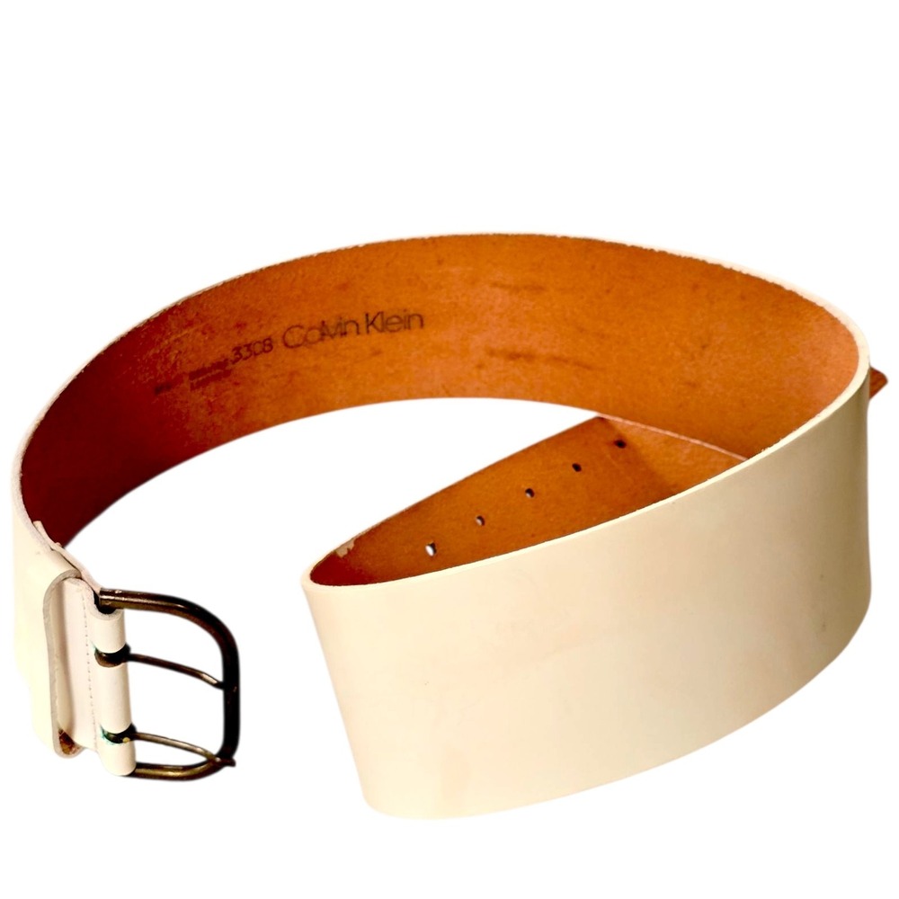 Vintage Calvin Klein Wide White Leather Belt M/L 37.5" 2.5" Width 80s 90s - Picture 6 of 16